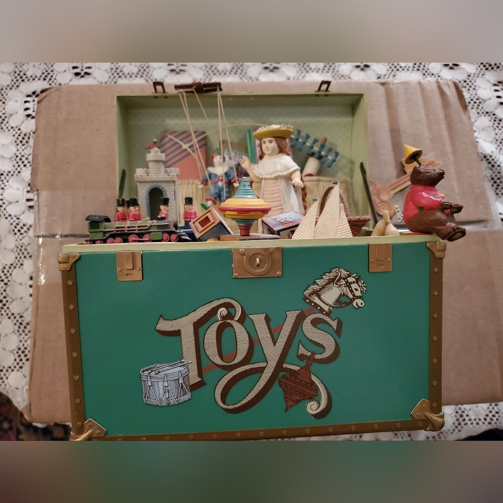 Enesco Green Toy Chest with Vintage Toys